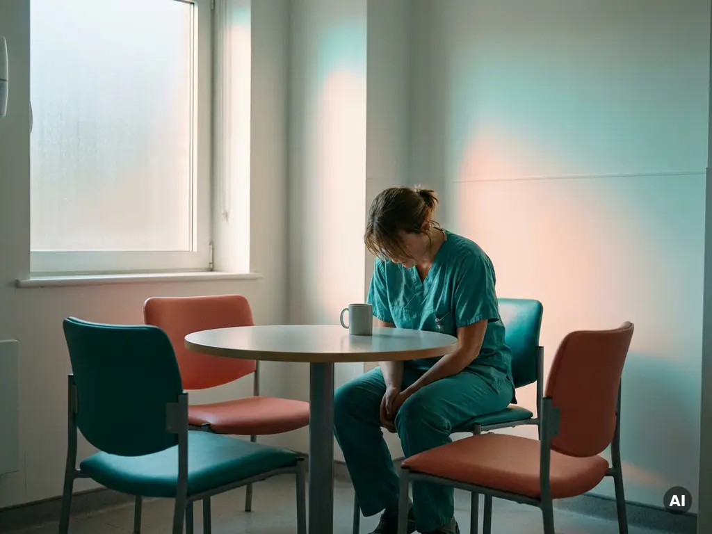 Erschöpfte Intensivpflegerin in Scrubs sitzt allein im Pausenraum, Schultern hängend, unberührter Kaffee vor ihr.