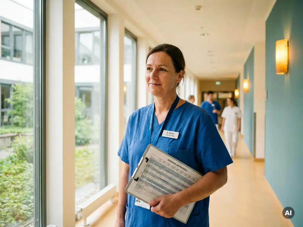 Krankenpflegerin auf Intensivstation prüft Wochendienstplan auf Klemmbrett in hellem Krankenhausflur mit großen Fenstern.
