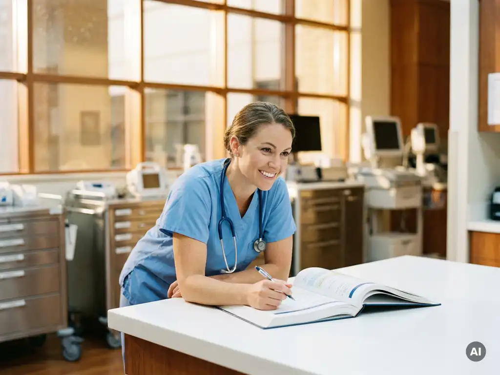 Intensivpflegerin in Scrubs liest Trainingshandbuch in hellem Krankenhausaufenthaltsraum mit medizinischen Geräten im Hintergrund.