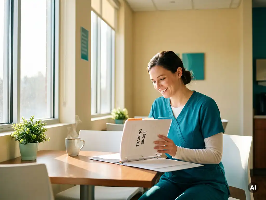 ICU-Krankenpflegerin in modernen Scrubs studiert Trainingsunterlagen im sonnendurchfluteten Pausenraum eines Krankenhauses.