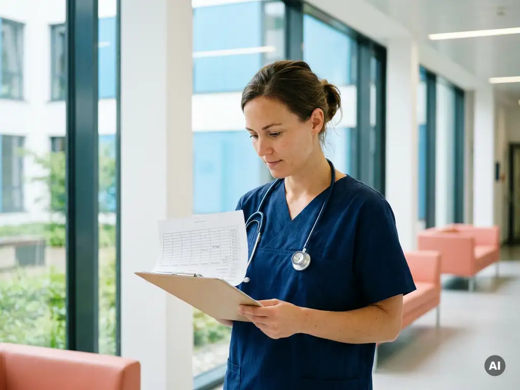 Intensivpflegerin in blauen Scrubs prüft Dienstplan auf Klemmbrett in hellem modernem Krankenhausflur.
