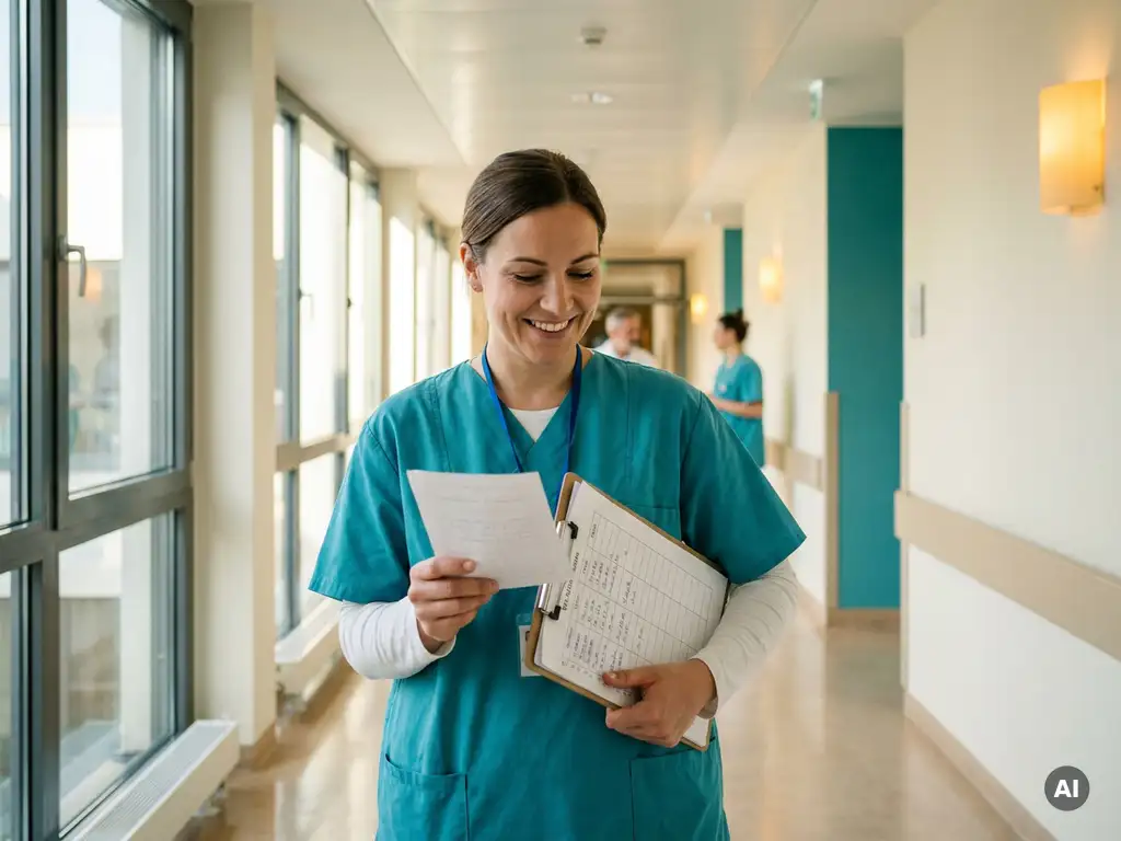 ICU-Krankenpflegerin in Scrubs prüft Wochendienstplan auf Klemmbrett in hellem deutschen Krankenhausflur.