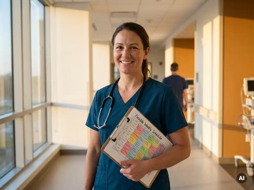Selbstbewusste Intensivpflegerin prüft flexiblen Dienstplan auf Klemmbrett in hellem modernem Krankenhausflur.