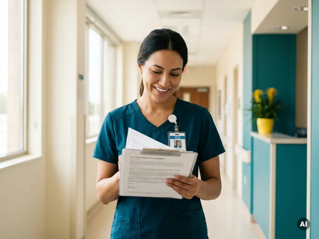 Selbstbewusste Intensivpflegerin in Scrubs prüft Gehaltsabrechnung auf Klemmbrett in hellem deutschen Krankenhausflur.