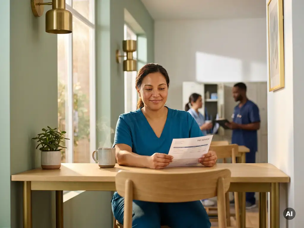 Intensivpflegerin in modernen Scrubs prüft Gehaltsabrechnung im hellen Pausenraum einer Klinik, Kaffeetasse daneben.
