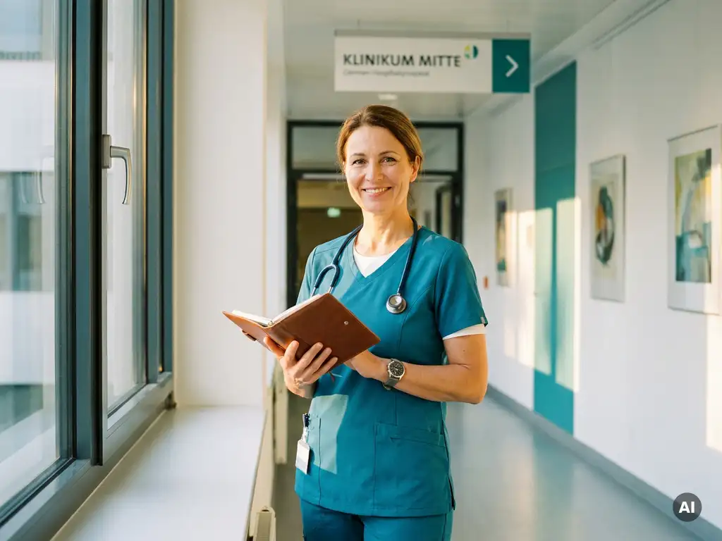 Intensivpflegerin in modernen Scrubs prüft Kalenderplaner am Krankenhausfenster im goldenen Morgenlicht.