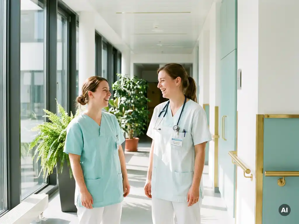 Zwei Pflegekräfte in Scrubs lachen herzlich in einem hellen deutschen Krankenhauskorridor mit großen Fenstern und Grünpflanzen.