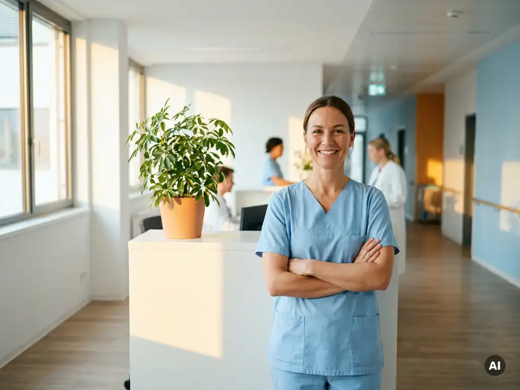 Selbstbewusste Intensivpflegerin in modernen Scrubs im hellen Flur eines deutschen Krankenhauses, Tageslicht durch große Fenster.