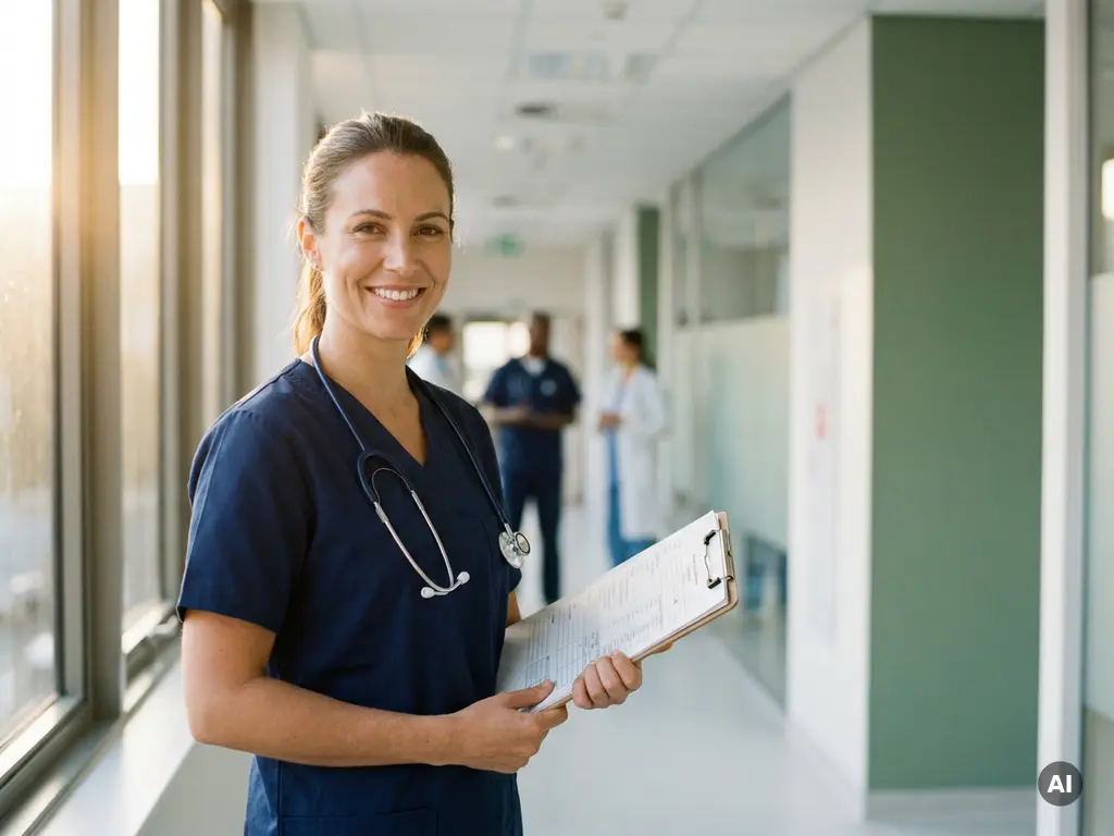 Selbstbewusste Intensivpflegerin in blauen Scrubs mit Klemmbrett in hellem, modernem deutschen Krankenhausflur.