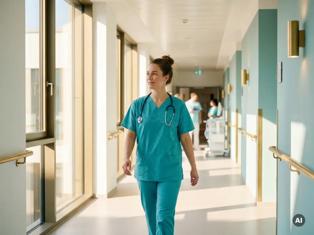Selbstbewusste Intensivpflegerin in frischen Scrubs läuft durch einen hellen modernen Krankenhausflur mit großen Fenstern und warmem Morgenlicht.