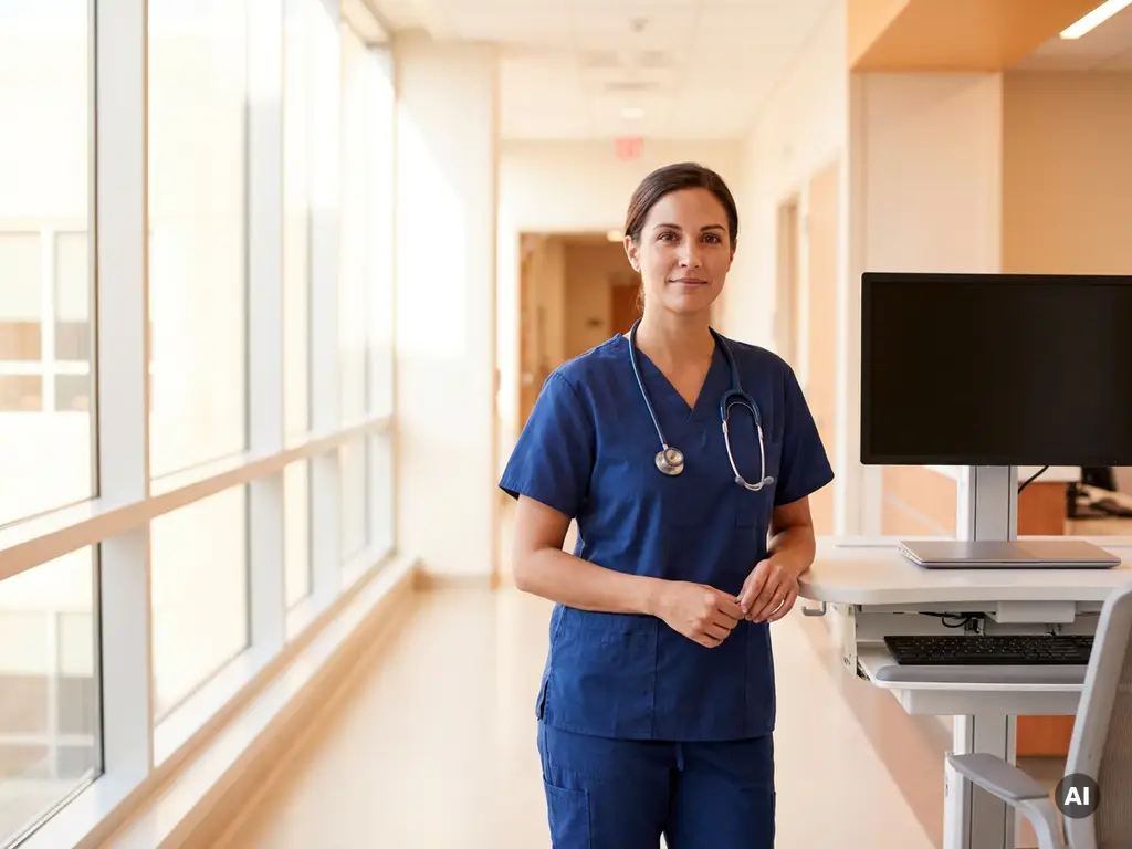 Krankenpflegerin in blauen Scrubs steht ruhig in einem modernen deutschen Krankenhausflur neben einem leeren Arbeitsplatz.