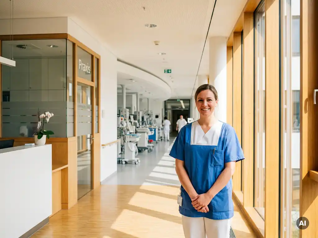 Intensivpflegerin in Scrubs steht selbstbewusst in einem modernen deutschen Krankenhauskorridor mit großen Fenstern und warmem Sonnenlicht.