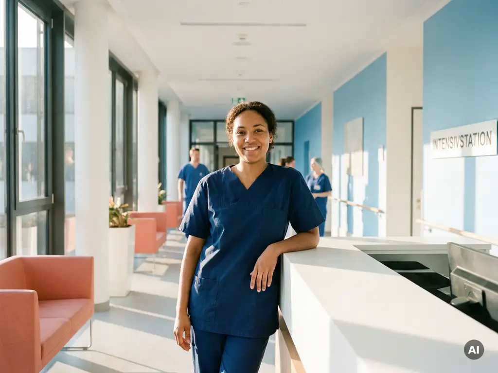 Selbstbewusste Intensivpflegerin in Scrubs an einem modernen deutschen Krankenhausflur, warmes Sonnenlicht durch große Fenster.