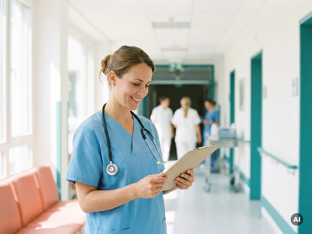 Lächelnde Intensivpflegerin in modernen Scrubs prüft Klemmbrett in hellem deutschen Krankenhausflur mit Tageslicht.