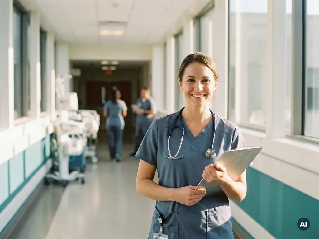 Selbstbewusste Intensivpflegerin in Scrubs mit Klemmbrett in hellem, modernem deutschen Krankenhausflur mit warmem Sonnenlicht.