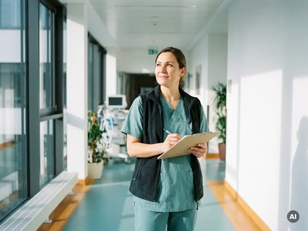 Krankenpflegerin auf Intensivstation hält Klemmbrett in hellem Krankenhausflur mit großen Fenstern und ruhiger Atmosphäre.