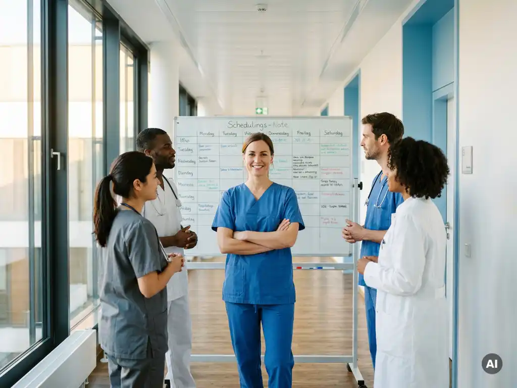 Selbstbewusste Intensivpflegerin in blauen Scrubs vor einem Dienstplan in einem modernen deutschen Krankenhaus mit Kollegen.