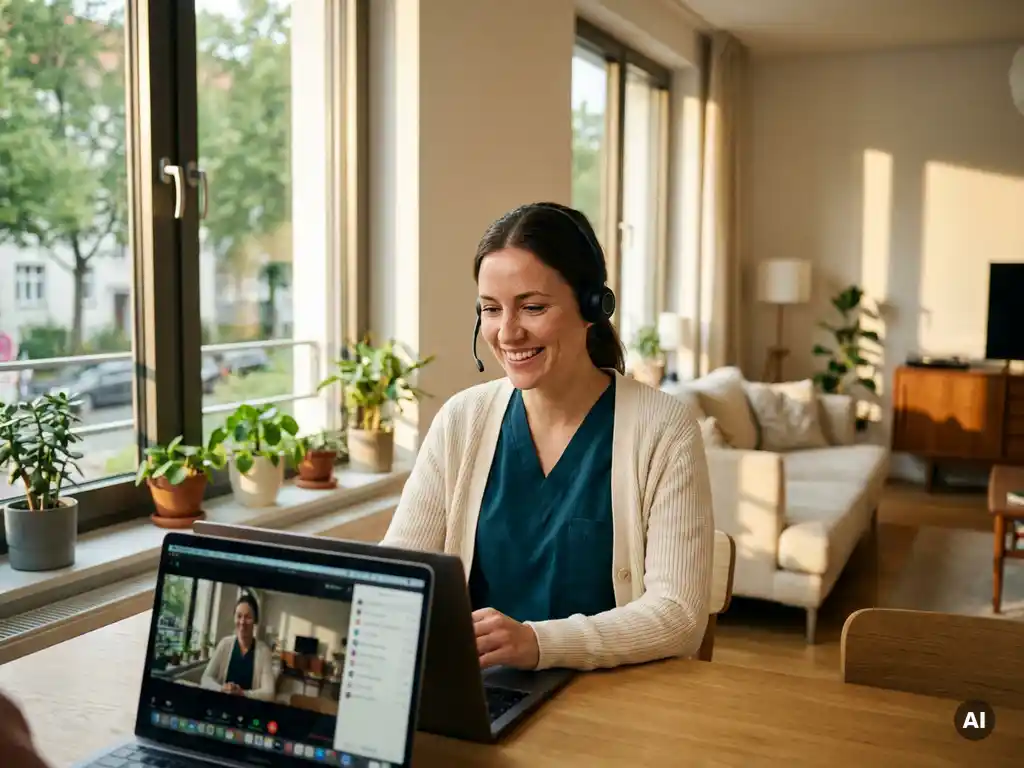 Intensivpflegerin in Scrubs lächelt bei einer Video-Fernkonsultation am Laptop in einer hellen modernen Wohnung mit Nachmittagssonne.