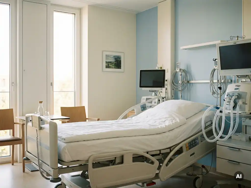 Leeres Intensivbett mit weißer Bettwäsche und Überwachungsgeräten in einer modernen deutschen Klinik bei Tageslicht.