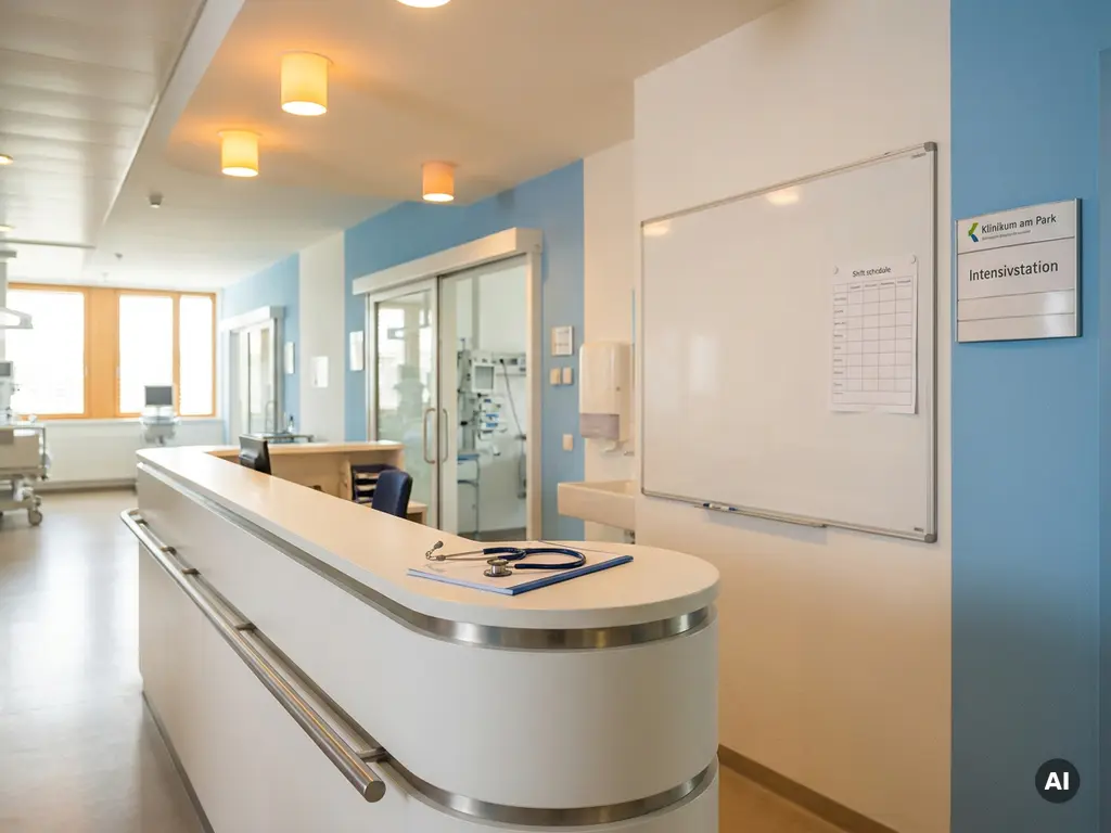 Leere Pflegestation in einem deutschen Krankenhaus mit unbesetztem Dienstplan und Stethoskop auf dem Schreibtisch.