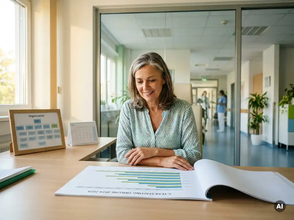 Krankenhausverwalterin prüft Fünfjahres-Personalplan an modernem Schreibtisch mit Organigramm und Kalender, Klinikflur im Hintergrund.