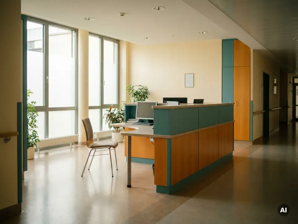 Leerer Pflegestützpunkt in einem deutschen Krankenhaus mit unbenutztem Überwachungsdesk und warmem Tageslicht.