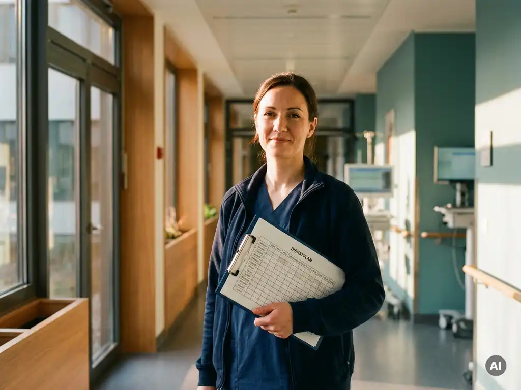 Krankenhauskoordinatorin prüft Wochenschichtplan auf Klemmbrett in hellem modernem Intensivstation-Korridor.