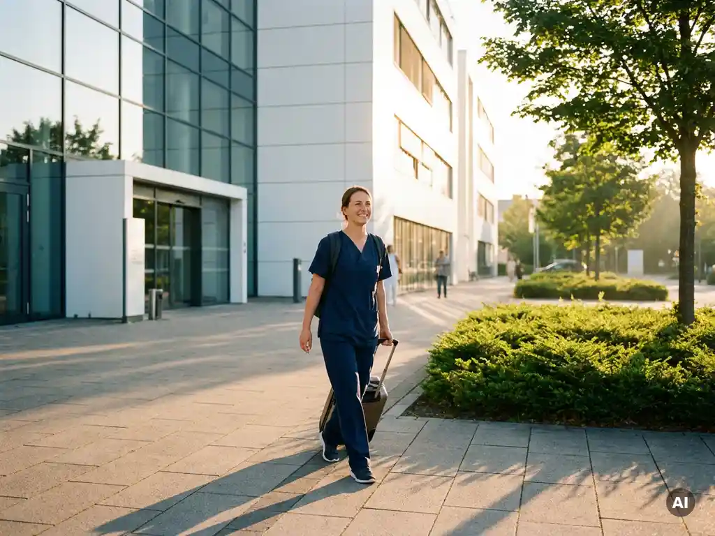 Selbstbewusste Intensivpflegerin mit Rollkoffer am Eingang eines modernen deutschen Krankenhauses im morgendlichen Gegenlicht.
