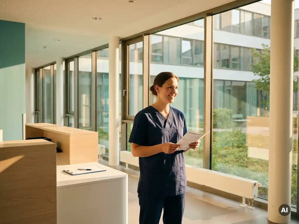 Krankenschwester in Scrubs hält gefaltetes Dokument in hellem deutschen Krankenhausflur mit Rezeptionstresen und Sonnenlicht.