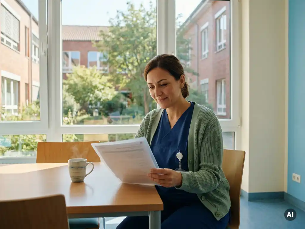 Krankenschwester in modernen Scrubs prüft Arbeitsvertrag im sonnendurchfluteten Pausenraum eines deutschen Krankenhauses.