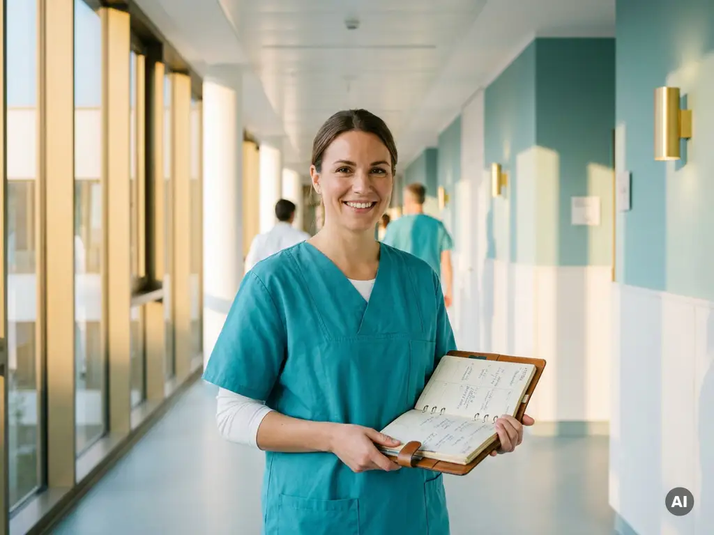 Krankenschwester in Scrubs hält Wochenplaner in hellem, modernem Krankenhausflur mit warmem Sonnenlicht.