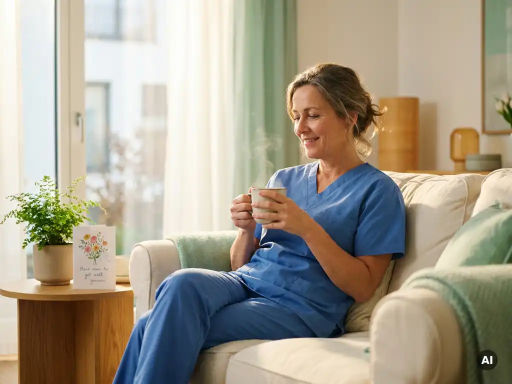 Krankenpflegerin in Scrubs erholt sich zu Hause auf hellem Sofa mit Teetasse, Genesungskarte und Topfpflanze im Sonnenlicht.