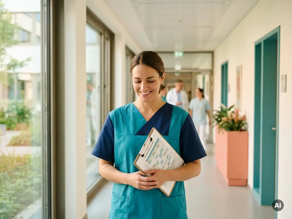 Krankenschwester in modernen Scrubs prüft flexiblen Dienstplan auf Klemmbrett in hellem Krankenhausflur mit großen Fenstern.