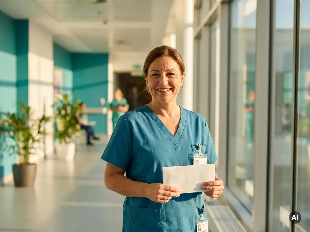Lächelnde Krankenpflegerin in Scrubs hält Gehaltsabrechnung in hellem deutschen Krankenhausflur mit Sonnenlicht.