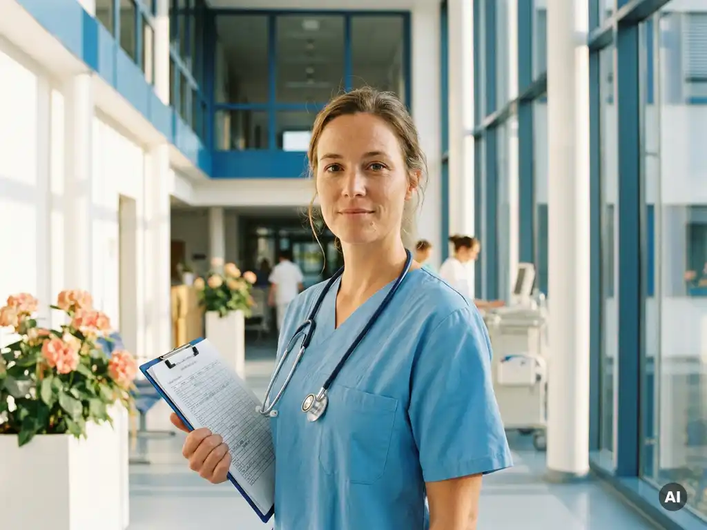 Krankenpflegerin auf Intensivstation prüft Dienstplan im modernen deutschen Krankenhaus mit hellem Flur und großen Fenstern.