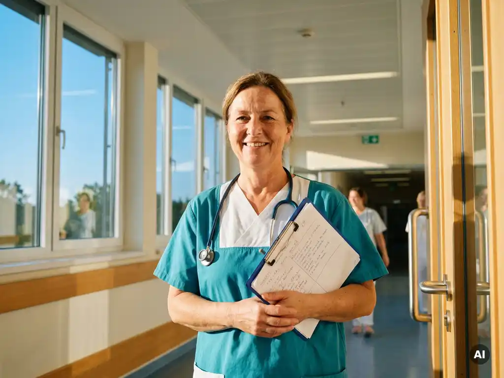 Lächelnde Intensivpflegerin in modernen Scrubs mit Klemmbrett in hellem deutschen Krankenhauskorridor mit großen Fenstern.