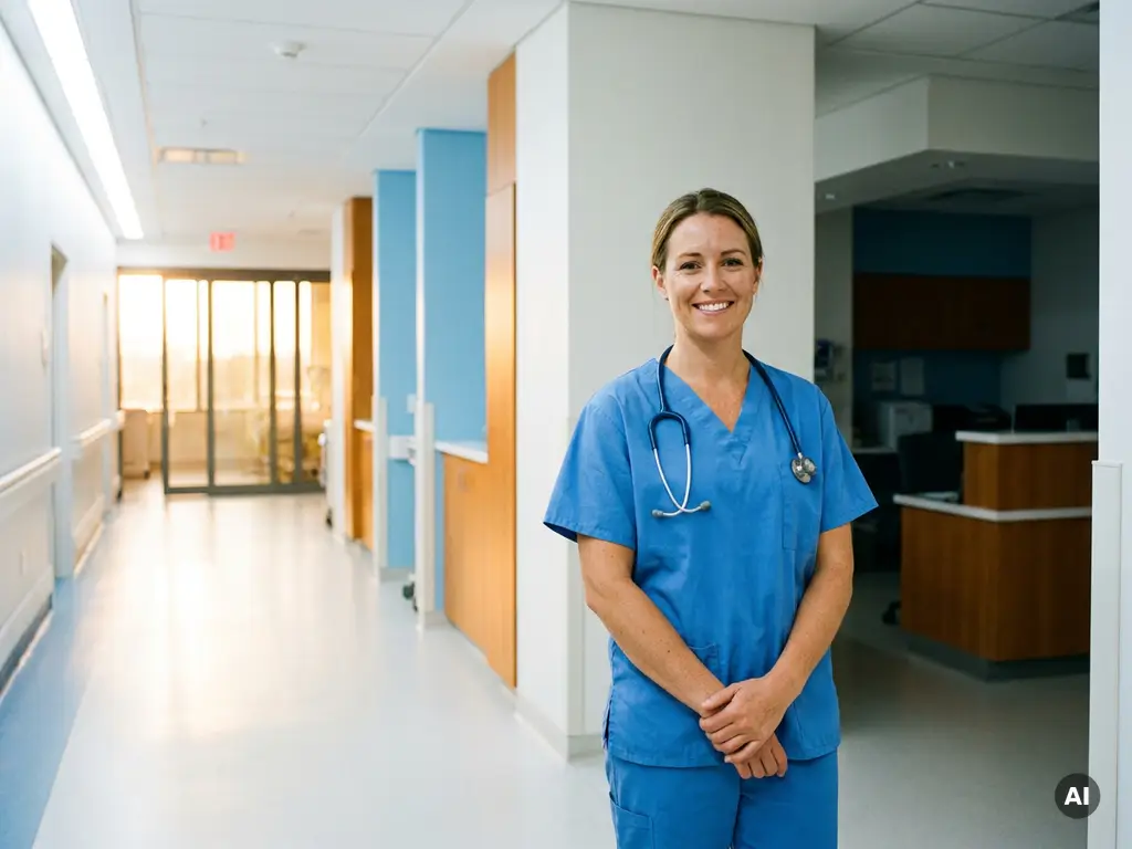 Selbstbewusste Intensivpflegerin in Scrubs an einem hellen Krankenhausflur, goldenes Licht fällt durch große Fenster.