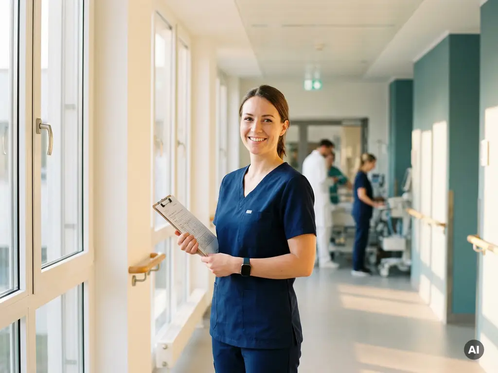 Krankenschwester in modernen Scrubs prüft Dokument auf Klemmbrett in hellem deutschen Krankenhauskorridor mit Tageslicht.