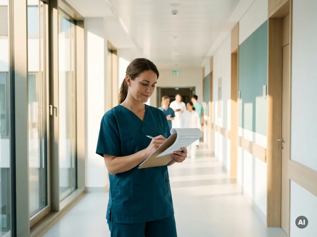 Krankenschwester in modernen Scrubs prüft Klemmbrett-Dokument in hellem deutschen Krankenhausflur mit großen Fenstern.