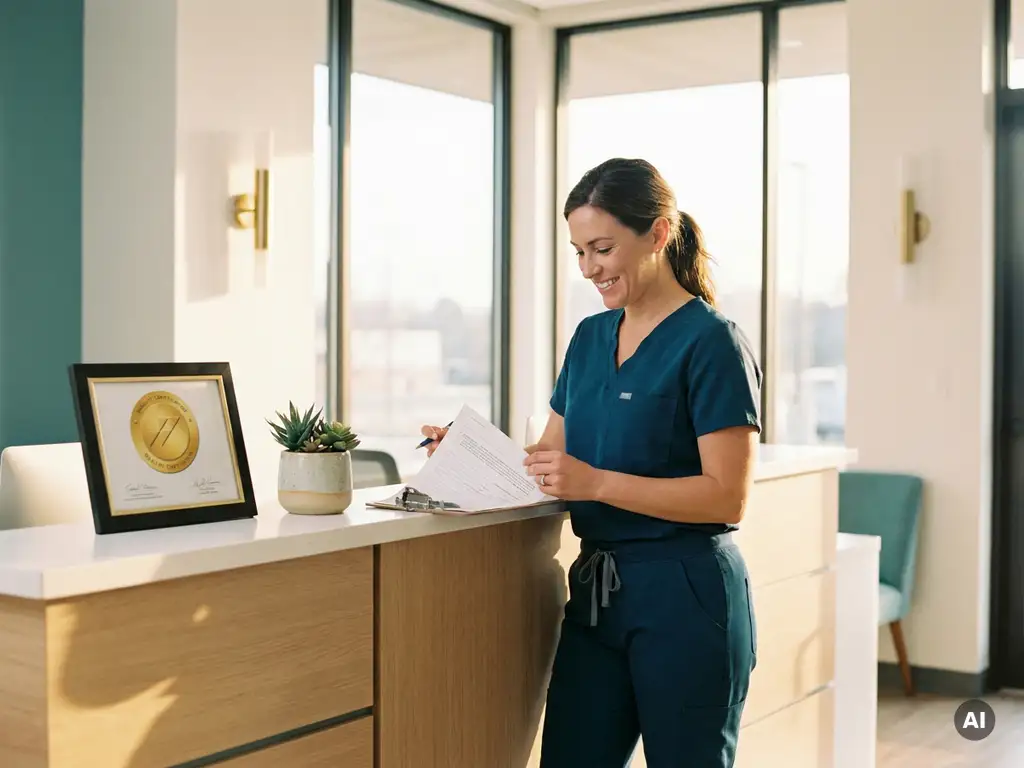 Krankenpflegerin in modernen Scrubs prüft Dokument an hellem Empfangstresen mit Qualitätszertifikat und Topfpflanze.