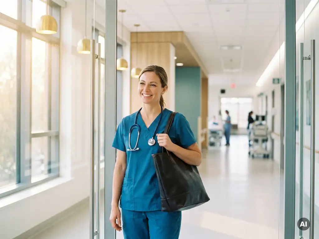 Krankenschwester in frischen Scrubs mit Berufstasche am Eingang eines modernen deutschen Krankenhauses im Morgenlicht.