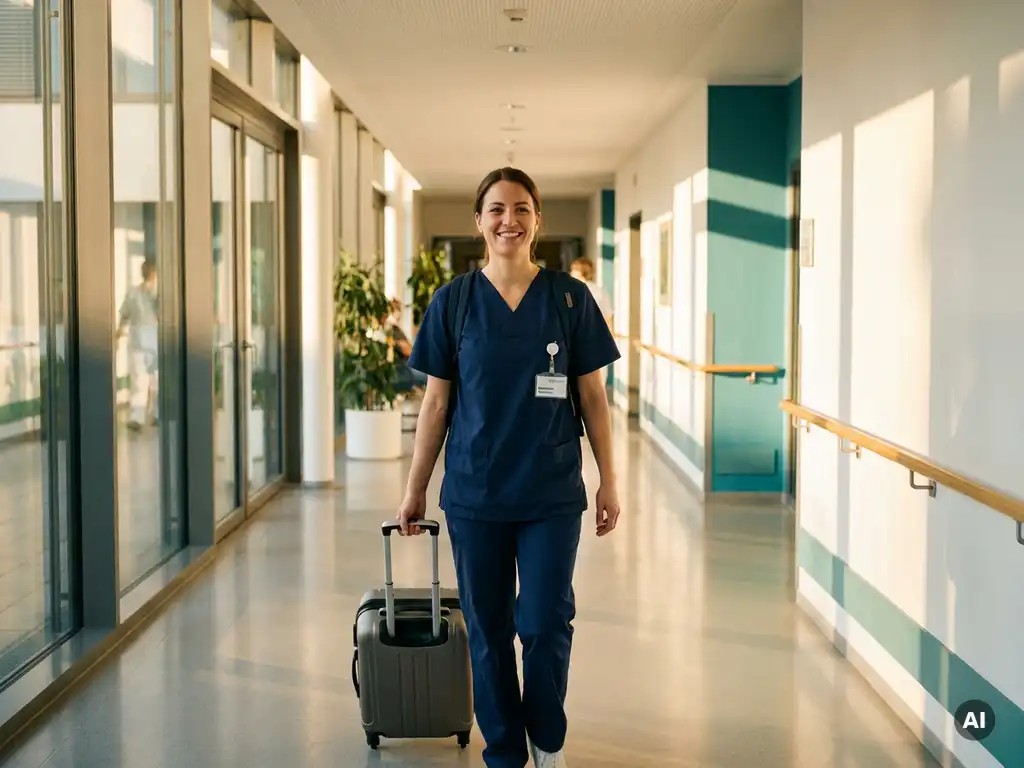 ICU-Krankenschwester in blauen Scrubs zieht Reisekoffer durch modernen deutschen Krankenhausflur mit warmem Sonnenlicht.