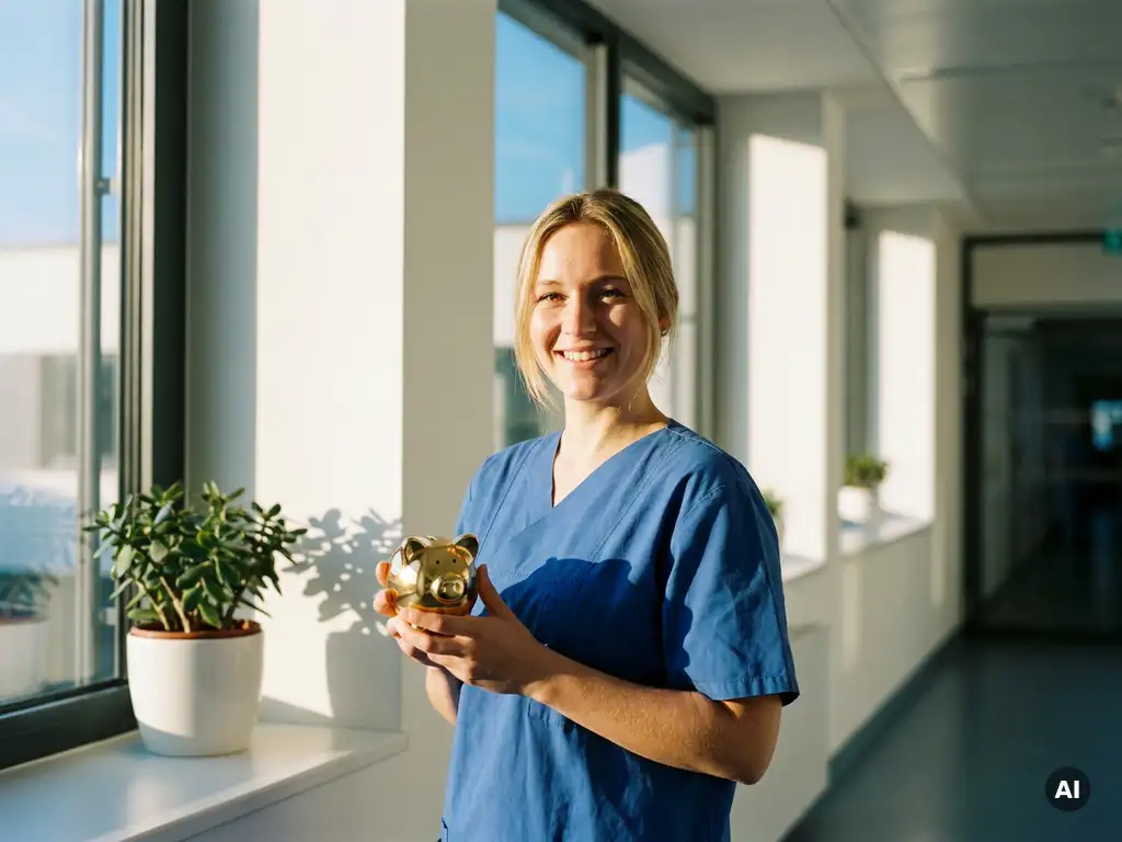 Lächelnde Krankenpflegerin in Scrubs hält goldenes Sparschwein am sonnigen Krankenhausfenster.
