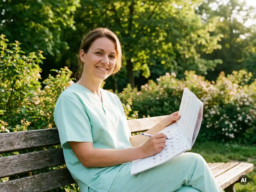 Lächelnde Krankenpflegerin in Scrubs markiert Urlaubstage auf Papierkalender, sonniger Parkbank in Deutschland, grüne Bäume im Hintergrund.