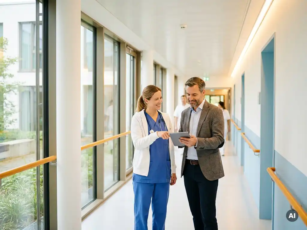 Pflegefachkraft in Scrubs im Gespräch mit Krankenhausadministrator in hellem deutschen Klinikkorridor mit natürlichem Licht.