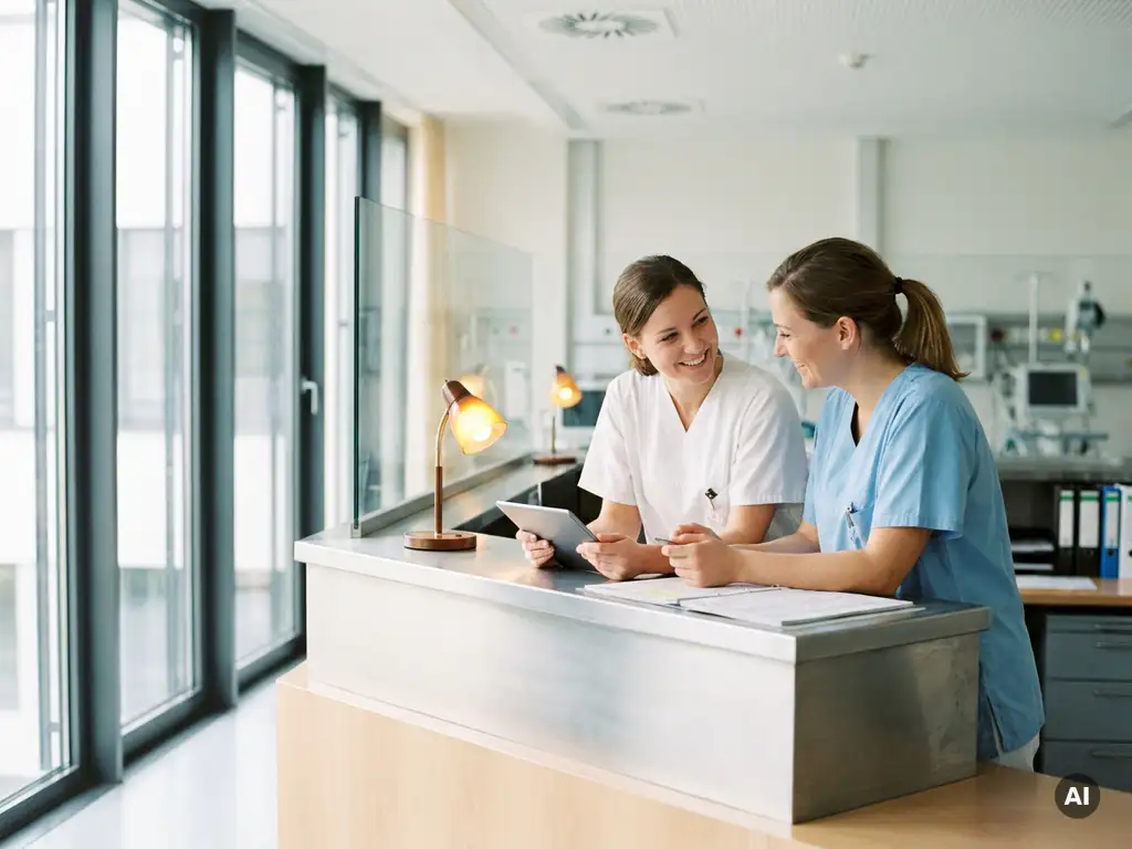 Zwei ICU-Pflegekräfte in Scrubs prüfen gemeinsam Patientenakten an einer modernen deutschen Krankenhausstation.