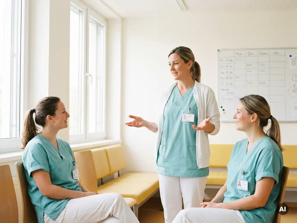 Pflegeteamleiterin im Gespräch mit zwei Kollegen in einem modernen Krankenhausaufenthaltsraum, Schichtplan auf Whiteboard im Hintergrund.